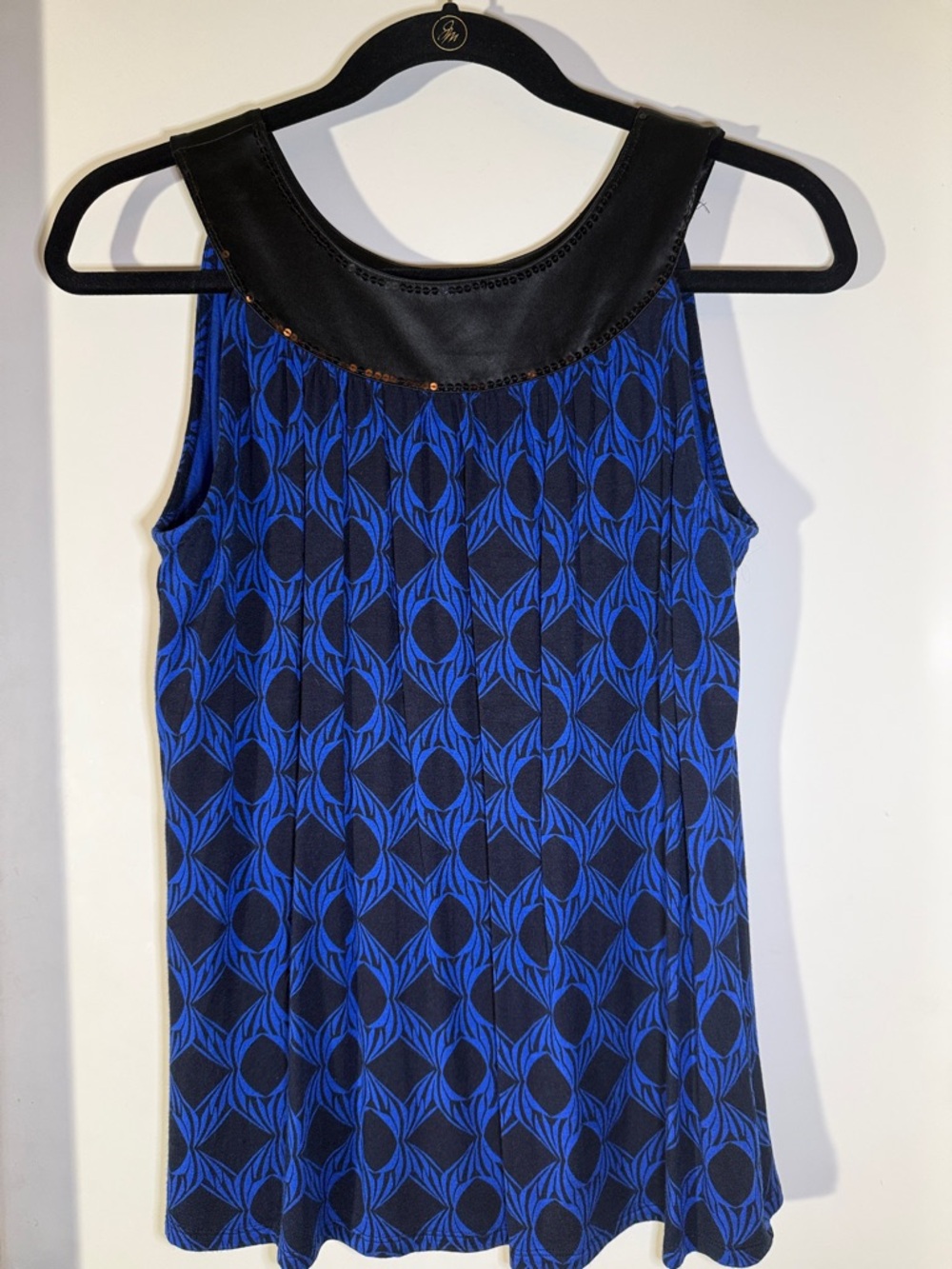 Express Black Sequin Trim Tank with Royal Blue Pattern